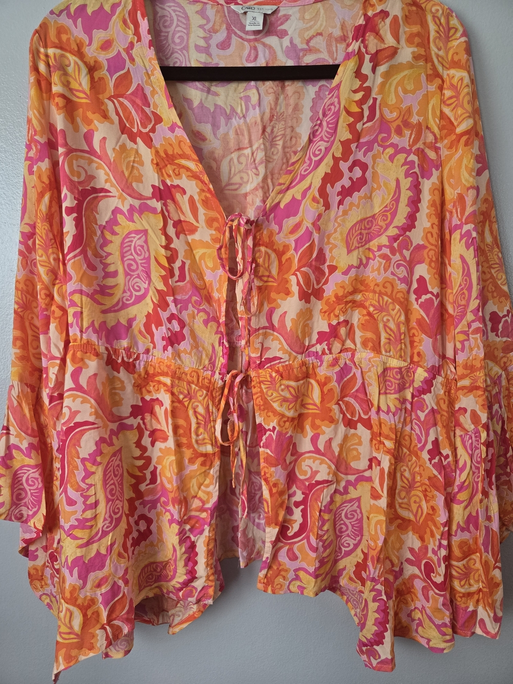Cato Paisley Swim Cover Up Pink Orange Yellow Tie Front Bell Sleeve Chiffon XL - Picture 3 of 8